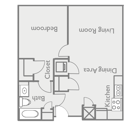 Floor plan for 1 bed, 1 bath, 677 sqft